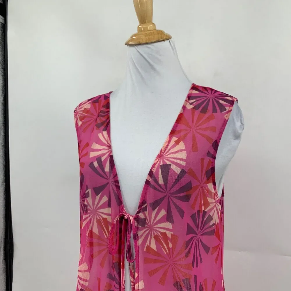 BCBGMaxazria Cover Up Womens M Medium Pink Multi Mesh Sleeveless Beach Tie Front